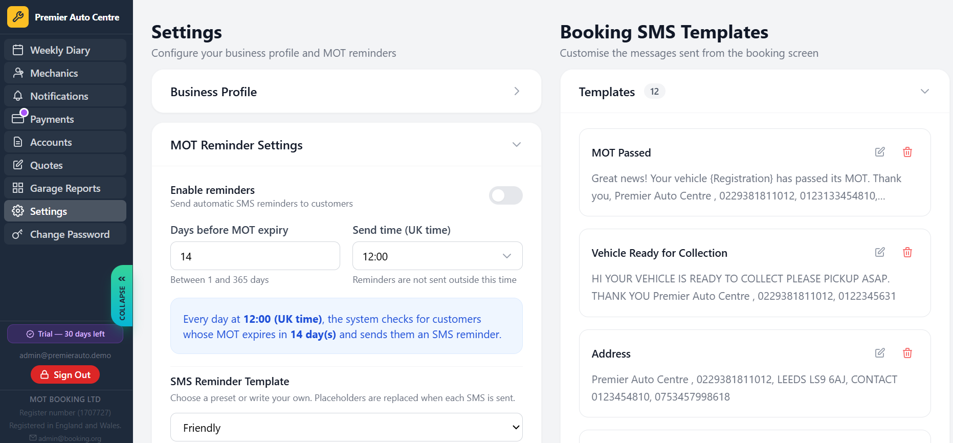Settings and SMS templates